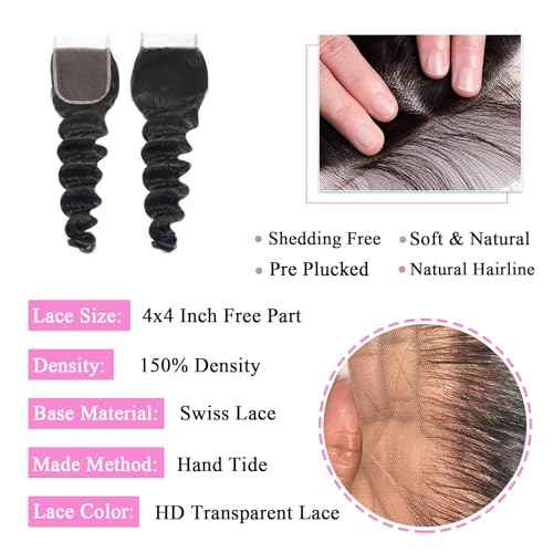 Loose Deep Wave Bundles with Closure Human Hair 100% Unprocessed Brazilian Virgin Hair 3 Bundles with Lace Closure Brazilian Loose Wave Human Hair Bundles (1B#Loose Deep Wave182022+18Free)