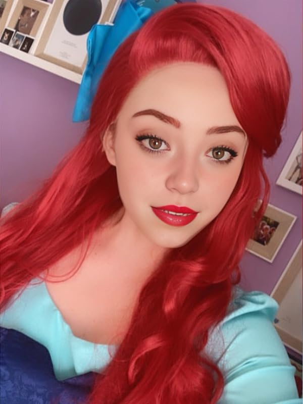 Red Mermaid Wigs for Women, Long Red Body Wave Wig+ Wig Cap for Little Mermaid Costume Halloween Cosplay