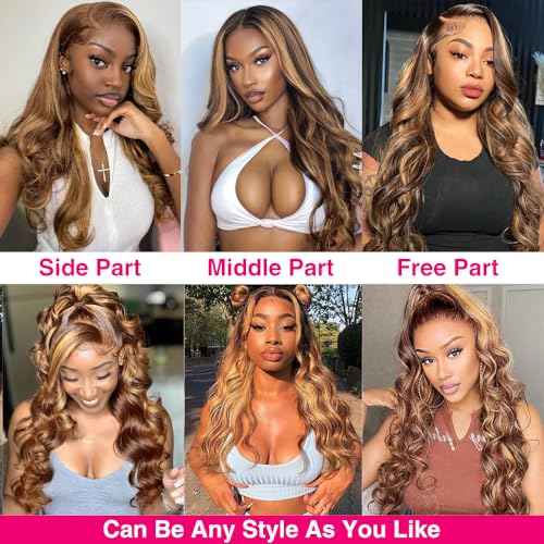 250% Density Honey Blonde Body Wave Lace Front Wig Human Hair 4/27 Highlight Ombre Lace Front Wigs 13x6 Glueless HD Transparent Lace Frontal Wig for Women Pre Plucked with Baby Hair (24inch)