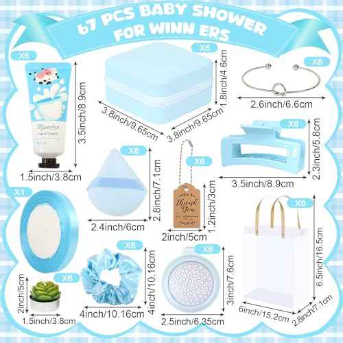 Baby Shower Prizes for Winners Gifts Headband Hair Brush Jewelry Box Plants Candles Bracelet Hand Cream Compact Powder Puff Hair Claw ribbon Gift Bag Beaded Necklace Bridal Shower(6 Sets-Blue)