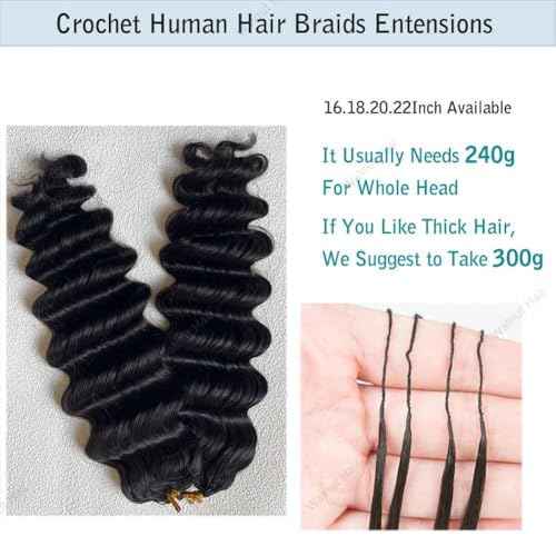 Deep Wave Crochet Human Hair Extensions Brazilian Virgin Feather Human Hair Bundles Pre Separated Braiding Hair Pre Looped for Boho Braids For Black Women Walnut Hair Natural Color 16inch 120g