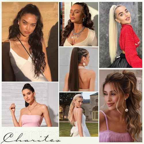 Ponytail Extension, 16 Inch Claw Clip Ponytail Extension Human Hair Long Straight Jaw Clip in Real Hair Pony Tails Hairpieces for Women Golden Brown & Bleach Blonde