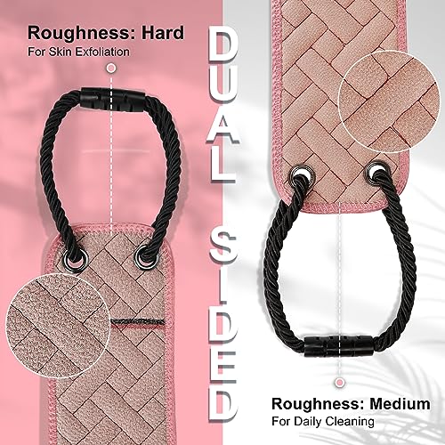 Exfoliating Back Scrubber with Upgraded Handles, 38.5 Inch Double-Sided Body Scrub Bath Exfoliator, Exfoliating Washcloth for Use in Shower, Back Washer to Deep Clean Your Skin for Men & Women (Pink)
