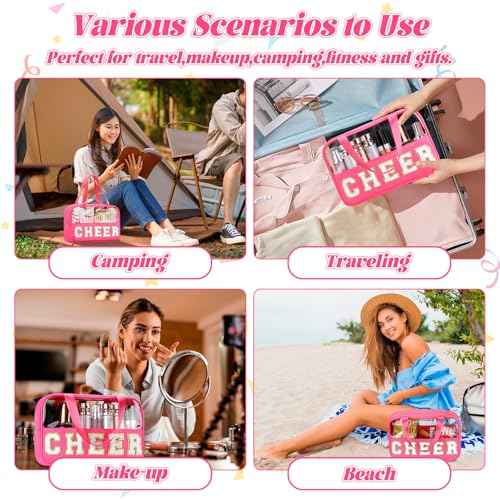 Chenille Letter Patch Clear Travel Bags, Preppy PVC&Nylon Makeup Bag with Handle and Zipper, Waterproof Large Clear Travel Toiletry Bag Storage Bag for Women Girls