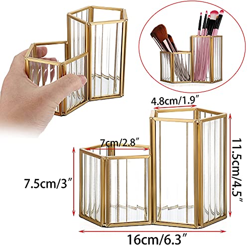 ELLDOO Glass Mirrored Makeup Brush Holder, Pen Cup Holder Pencil Holder for Office Desk, Gold Cosmetic Brush Eye Liners Storage Holder Dresser Vanity Organizer Holder for Women Girls, 2 Slots