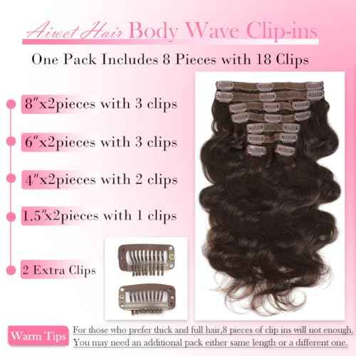 Dark Brown Clip in Hair Extensions Real Human Hair 8Pcs 130g with 18 Clips Body Wave Human Hair Clip in Extensions for Women Full and Thick Brown Wavy Human Hair Extensions (#2,22 Inch)