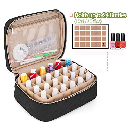 Yarwo Nail Polish Carrying Bag Holds 24 Bottles (15ml/0.5 fl.oz), Travel Storage Organizer for Nail Polish and Manicure Accessories, Black (Bag Only, Patent Pending)