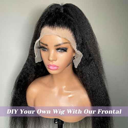 Kinky Straight 13x6 Frontal Yaki Straight Lace Frontal 100% Human Hair HD Transparent Lace Frontal Kinky Hair Frontal 13x6 Yaki Hair Closure Natural Black 1B Color 12 Inch 150% Density