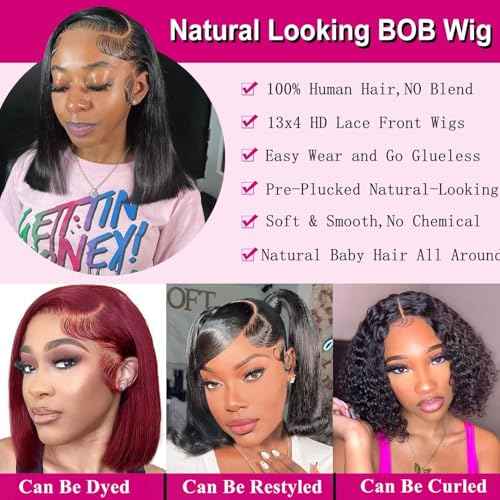 Caijuxing Bob Wig Human Hair 13x4 Straight Hd Lace Front Wigs with Baby Hair 180% Density Glueless Wigs Human Hair Pre Plucked Short Bob Wigs for Women (14 Inch)