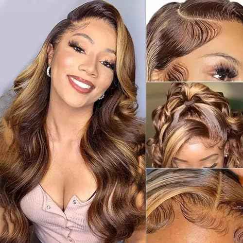 DOSAY Highlight Ombre 13x4 Hd Transparent Lace Front Human Hair Wig 24 Inch Brown Honey Blonde Body Wave Glueless Wigs 180% Density for Woman