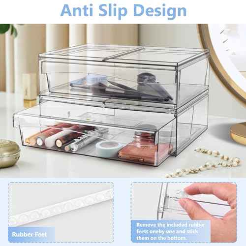 Homeanda 4 Pack Clear Stackable Storage Drawers, 12.1''W Acrylic Plastic Organizers for Makeup, Nail Polish, Snacks, Beauty Supplies, Ideal for Vanity, Bathroom, Undersink, Cabinet, Desk Organization