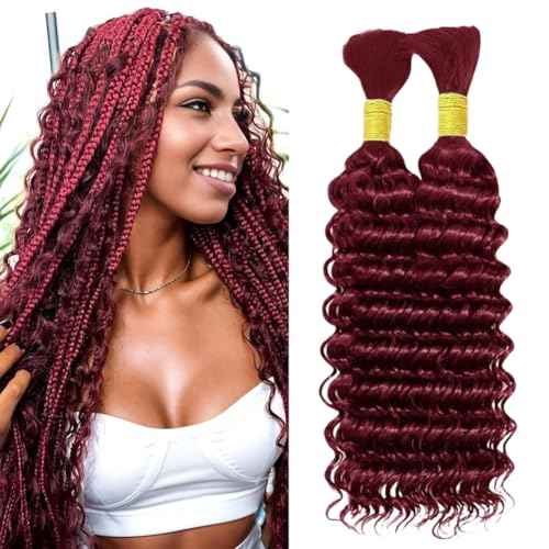 Burgundy Human Braiding Hair 20 Inch Deep Wave Bulk Human Hair for Braiding No Weft 2 Bundles 100g Curly Braiding Hair Brazilian Curly Human Hair Extensions for Boho Braids 99J Red Braiding Hair