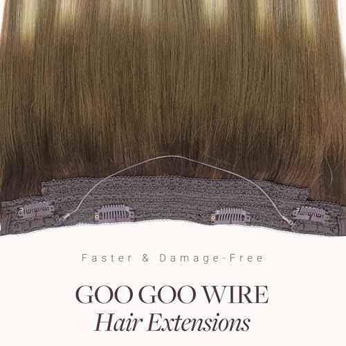 GOO GOO Wire Hair Extensions Human Hair, 3/8/613 Walnut Brown with Ash Brown and Bleach Blonde Balayage 18inch 95g, Invisible Wire Hair Extensions with Transparent, Seamless Fish Line Hairpiece