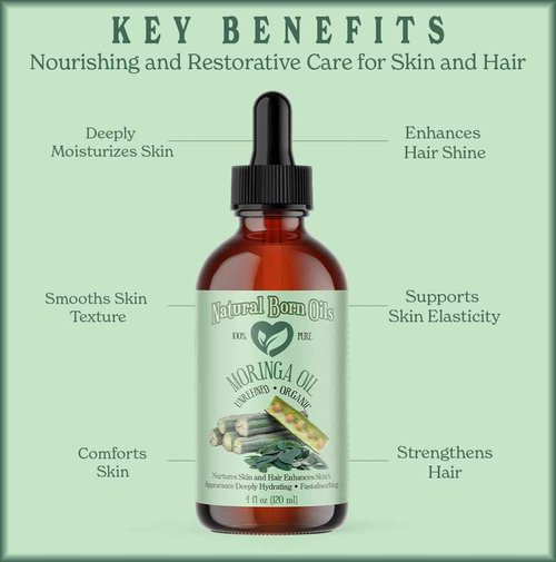 Natural Born Oils Moringa Oil, 16 oz, Organic, Cold‑Pressed, Nutrient‑Rich, Enhances Skin Softness & Hair Shine