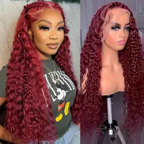 13x4 Lace Frontal Wigs Human Hair 99j Deep Wave Wigs Pre Plucked Wet and Wavy 180% Density Color Curly Human Hair Wigs for Black Women Natural Hairline (Burgundy Wig, 26 Inch)