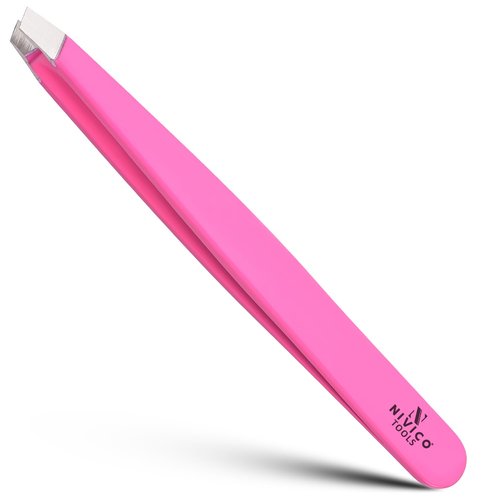 NIVICO Eyebrow Tweezer Hair Removal, Slant Stainless Steel 9.5cm Ingrown Facial Hair Tweezers for Men And Women (Pink Coated)