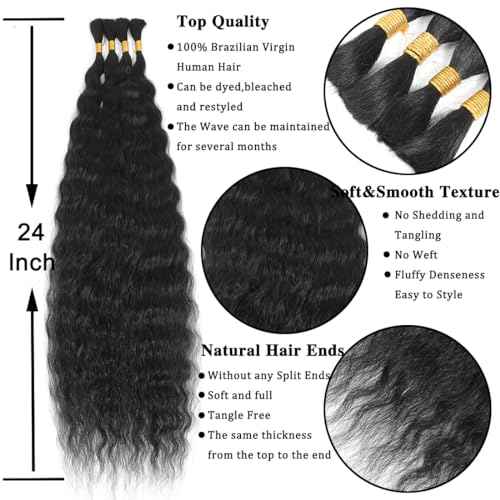 Super Wave Bulk Human Hair For Braiding 100% Unprocessed Brazilian Virgin Human Hair Extensions Bundles for Braiding Micro Human Braiding Hair(24inch, Natural Black)