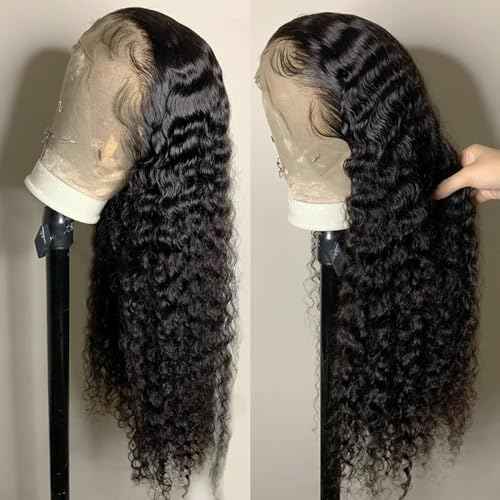 13x6 Deep Wave Wigs Human Hair Deep Wave Lace Front Wigs Human Hair 200% Density HD Lace Frontal Wigs for Balck Women Pre Plucked Glueless Deep Curly Wig Natural Black (16 Inch)