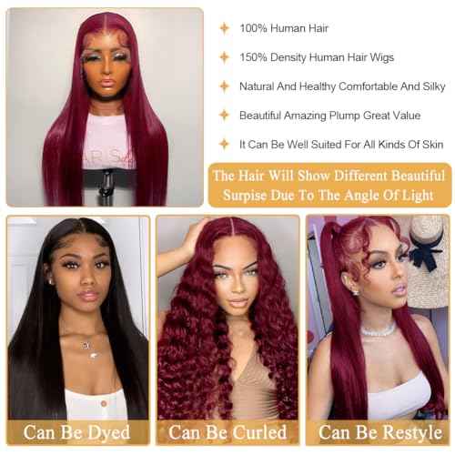 Azkiu 32 Inch 99J Burgundy Lace Front Wigs Human Hair 13x4 Straight Lace Frontal Wigs Human Hair Pre Plucked Wine Red Colored Straight Wig Human Hair Red Wig for Women 150% Density