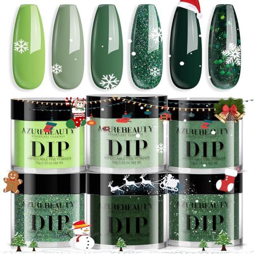 AZUREBEAUTY Dip Powder Nail Kit,Christmas 6 Colors Glitter Green Sparkle Forest Dark,Dipping Powder Color French Nail Art Manicure DIY Salon Gifts for Women, No Need Nail Lamp Cured