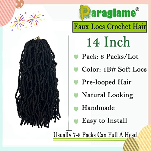Short Faux Locs Crochet Hair 14 Inch Soft Locs 8 Packs Natural Black Pre-Looped New Soft Faux Locs Curly Hair Extension, Goddess Locs for Women (8 Packs, 1B#)