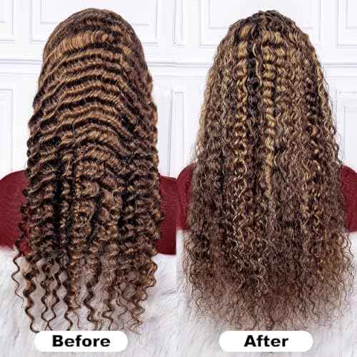 20 Inch Honey Blonde Deep Wave HD Lace Front Wigs Human Hair 180 Density 13x6 Full Lace Frontal Wigs Human Hair Pre Plucked Glueless Water Wave Ombre 4/27 Highlight Wigs for Women