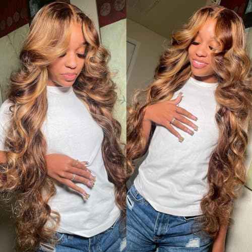 Body Wave Style Highlight Ombre Lace Frontal Wig Human Hair Wigs #4/27 Brown with Honey Blonde Color for Black Women Pre Plucked Hairline 180% Density (24inch, 13x6 Lace Front Wig)