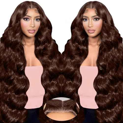 LuAiJa Brown Body Wave Glueless Wig Human Hair 9x6 Wear and Go Glueless Human Hair Wig Chocolate Brown Pre Plucked Pre Cut Wig Human Hair 30 Inch Dark Brown Body Wave Wig For Black Women 221% Density