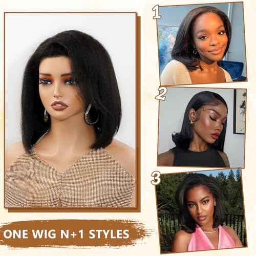 4C Edges Baby Hair Kinky Straight Human Hair Wig Glueless Side Part Short Yaki Bob Wig Human Hair Thick End UHD 13x4 Lace Front Wig Pre-Bleached Natural Color Brazilian Virgin Hair 10"