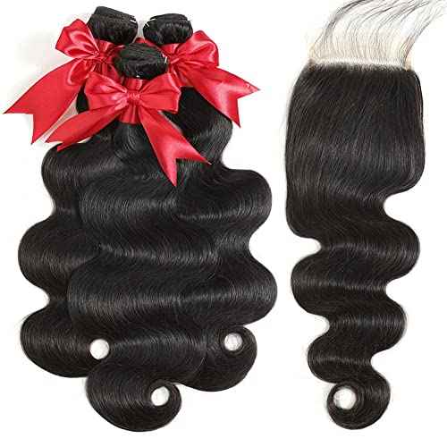 12A Body Wave Bundles with Closure Human Hair 12 14 16+10 Inch Brazilian Virgin Body Wave Human Hair Weave 3 Bundles with 4x4 HD Lace Closure