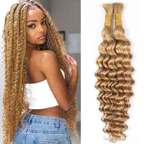 Deep Wave 2 Bundle Bulk Human Hair for Braiding Highlight Honey Blonde Curly Hair Extensions for Boho Braids Wet and Wavy Color 27 Human Braiding Hair Blonde Braiding Hair 90g 16 Inch