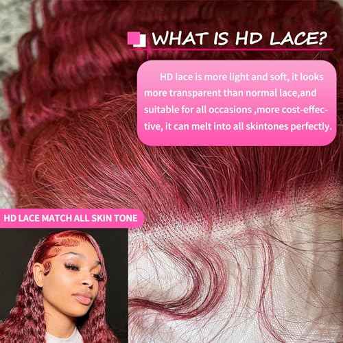 DJFG Deep Wave Lace Front Wigs Human Hair Curly Wig Human Hair HD Frontal 200 Density 13x6 Lace 99j Burgundy Red 20 Inch