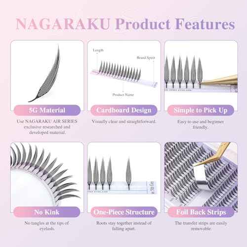 NAGARAKU Premade Spire Eyelash Extensions Air Series Feather Shape Manga Anime Individual Lashes Volume Soft Black Flat Root Spikes Fans Eyelashes DIY Clusters Lash Salon -0.07 C Curl 8-15mm Mix