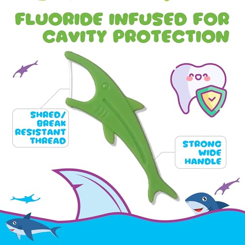Kids Flossers with Fluoride, Unflavored Floss Picks, Fun Floss with Colorful Shark Shapes. Enhanced Cavity Protection, 225 Count (3 Pack) Children's Flossers. Dentists Designed and Backed by Science