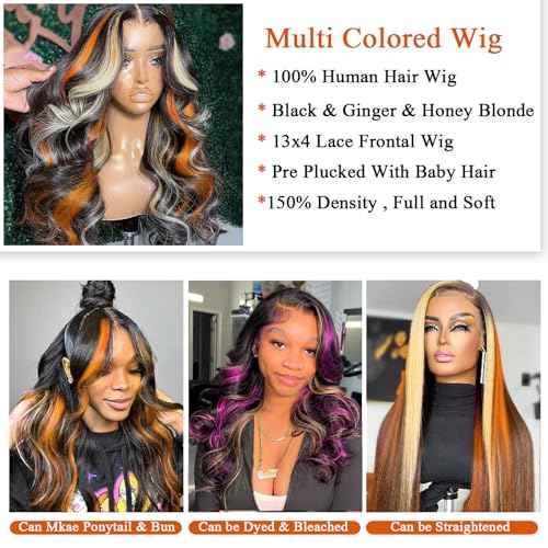 Black Ginger Blonde Highlight Wig Human Hair Lace Front Skunk Stripe Wig 13x4 Glueless Ginger Body Wave Lace Frontal Wigs Pre Plucked For Women 22 Inch 150% Density