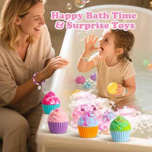 Bath Bombs for Kids with Surprise Bracelets Toys Inside, 8 Cupcake Bath Bombs Gifts Set for Girls, Teens, Children Christmas Birthday Easter, Handmade Fizzes Bubble Spa Bath Kit