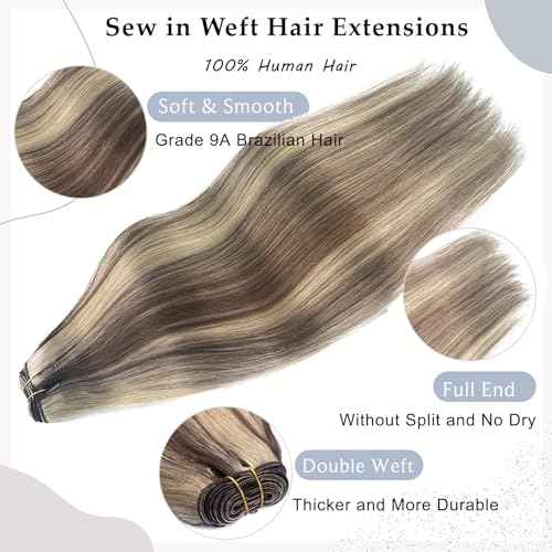 Sew in Hair Extensions Real Human Hair, Weft Hair Extensions Human Hair Bundles, Brown Balayage Ash Blonde Hand Tied Weft Hair Extension Human Hair, 22 Inch 120G Sew in Extensions for Women