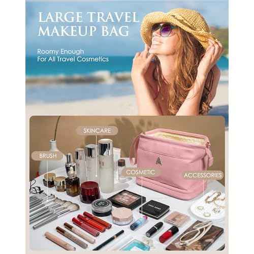 Gifts for Her Birthday-Gift Ideas for Woman Initial Large Makeup Bag, Personalized Double Layer Cosmetic Bag with Makeup Brush Organizer, Waterproof, Travel Toiletry Bag for College Girls