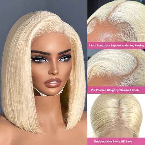 Ubetta White Blonde Lace Front Bob Wig Human Hair, Platinum Blonde 13x6 Lace Front Wigs Human Hair Pre Plucked White Blond Bob Wigs for Women 14 Inch 180% Density Bleachd Knots Swiss HD Lace