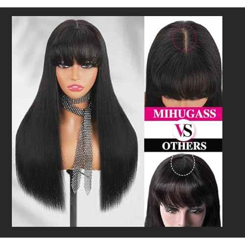 Human Hair Lace Front Wig, Natural Black Brazilian Virgin Hair, 20 Inches 200% Density, 2x4 Glueless Design Wig with Bangs, Straight Style for Women(20 Inch)