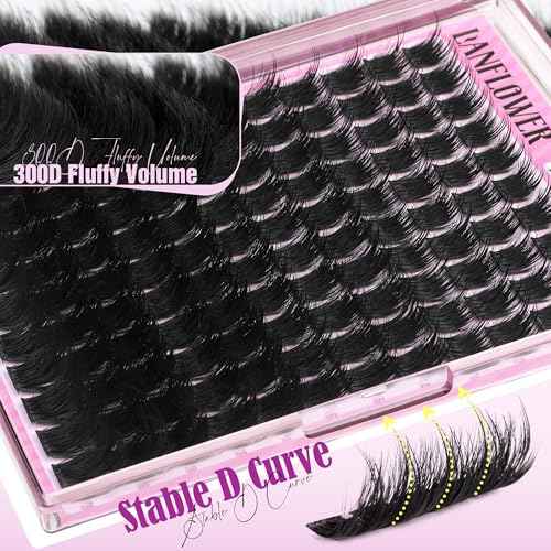 Lanflower Volume Lash Clusters Kit Wispy Spiky Lash Extension Kit 300D Fluffy Cluster Eyelash Extensions 12-20mm Long Eyelash Clusters Fairy Manga Eyelash Extension Kit