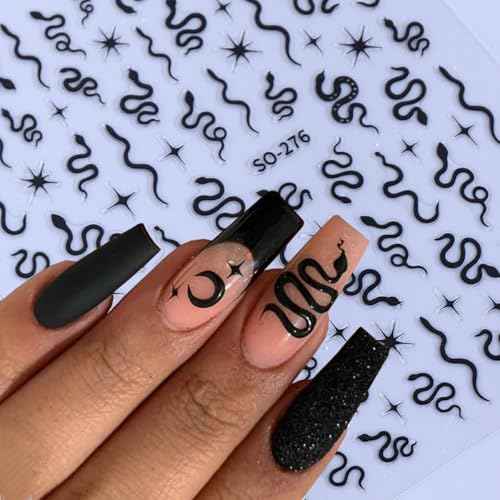Snake Nail Sticker for Nail Art 3D Self-Adhesive Black Silver Gold Laser Snake Star Nail Decals Stars Designs Nail Art Stickers Charms for Women and Girls Daily DIY Nail Decoration