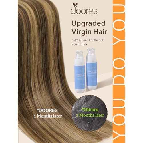 DOORES Tape-in Hair Extensions - Balayage Chocolate Brown to Caramel Blonde, 40pcs, 100g, 20 Inch, Remy Silky Straight Skin Weft Natural