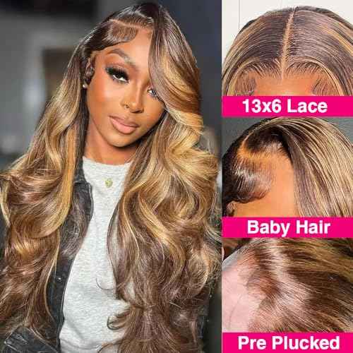250% Density Honey Blonde Body Wave Lace Front Wig Human Hair 4/27 Highlight Ombre Lace Front Wigs 13x6 Glueless HD Transparent Lace Frontal Wig for Women Pre Plucked with Baby Hair (24inch)