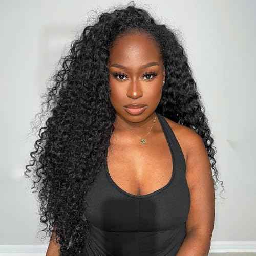 BGM GIRL Half Wig Human Hair Water Wave 3 in 1 Wigs Beginner Friendly Flip Over Drawstring Glueless Wig Ready to Go Seamless Clip in Wigs Natural Black Color 18 Inch