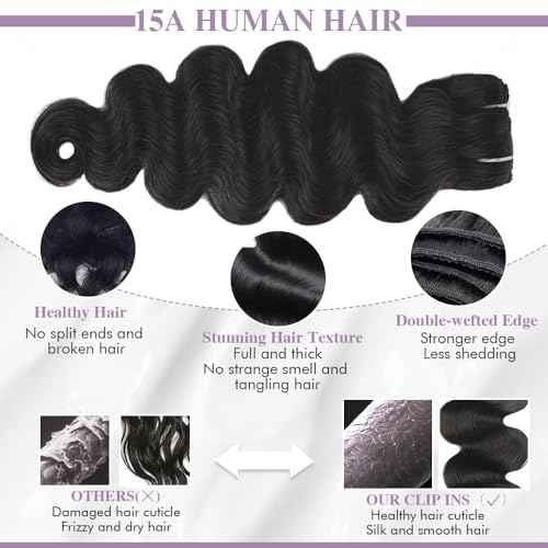 15A Body Wave Clip In Hair Extensions Real Human Hair 16Inch Double Weft Body Wave Human Hair Clip Ins For Black Women 8 Pieces Human Hair Extensions Clip Ins With 18 Clips One Pack 120g Natural Black