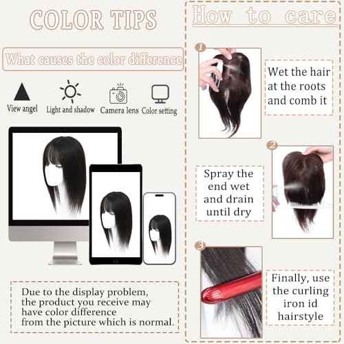 Hair Toppers for Women Real Human Hair,360¡Æ3D Big Basement Cover Topper for Women with Thinning Crown with Wispy Clip in Bangs Realistic Scalp (Dark brown, 3D Wispy Bangs 16INCH)