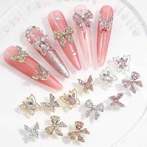 24PCS Nail Charms Y2k Alloy Nail Art Rhinestone Charms 3D Heart Bow Butterfly Charm with Rhinestones Cherry Nail Gems Shiny Jewelry Nail Decorations Accessories Supplies (SG)