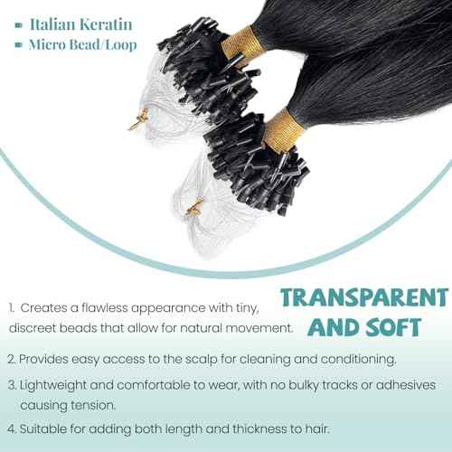 Microlink Hair Extensions Human Hair Jet Black Micro Beads Extensions for Black Women 26 Inch Long Soft Real Human Hair Straight Natural Color Micro Ring Extension Bundle No Weft No Glue 50s 50g
