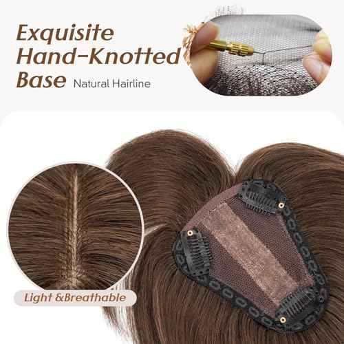 Rich Choices Real Human Hair Toppers for Women 3D Cover Clip in Bangs 100% Remy Human Clip in Silk Base Hair Topper with Bang for Thinning 150% Density 12 Inch #2R Chocolate Brown